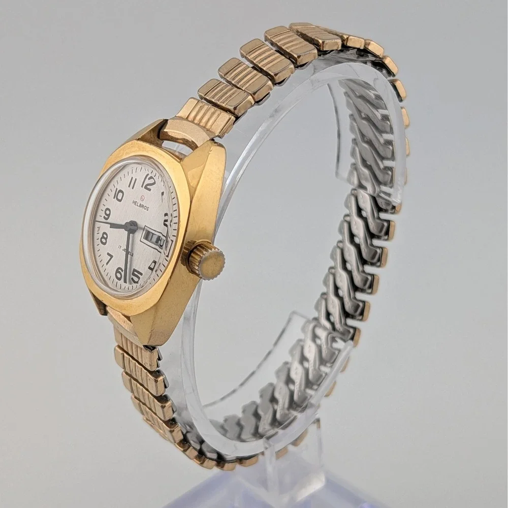 Vintage Helbros 17 Jewel Manual Wind Day Date White Dial Gold Tone Women's Watch